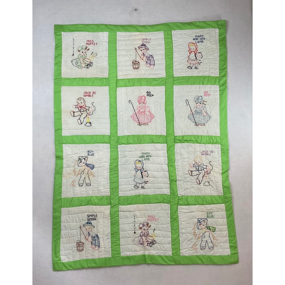 Vintage Handmade Nursery Rhyme Embroidered Baby Quilt Green White 12 Blocks